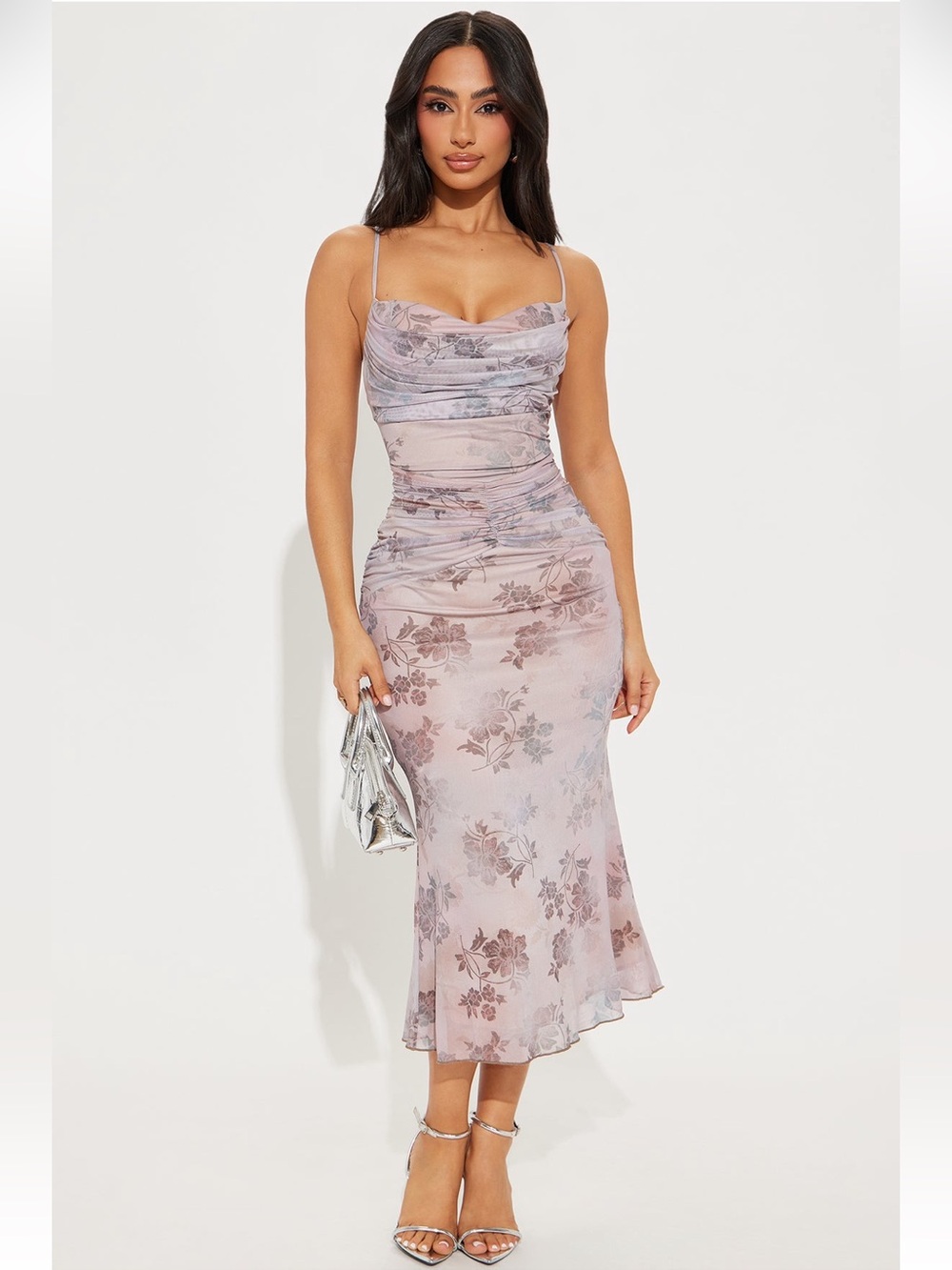 NEW Floral Ruched Mesh Midi Dress in Dusty Rose